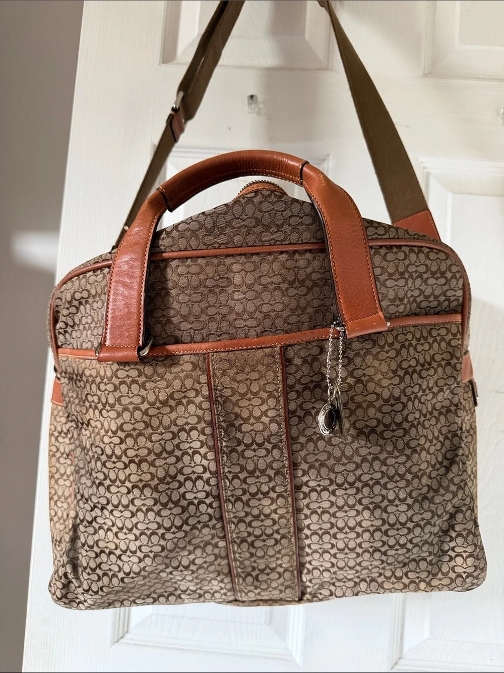 Large Coach Signature Canvas Briefcase with Tan Leather Trim